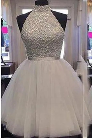 2024 Chic Halter Sexy Open Back White Beading Sleeveless Short Tulle Homecoming SWK10015