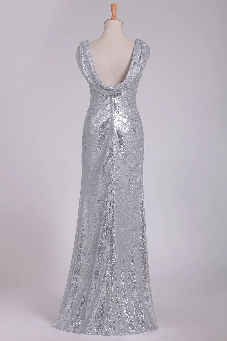 2024 Open Back Bridesmaid Dresses Scoop Sequins Floor Length