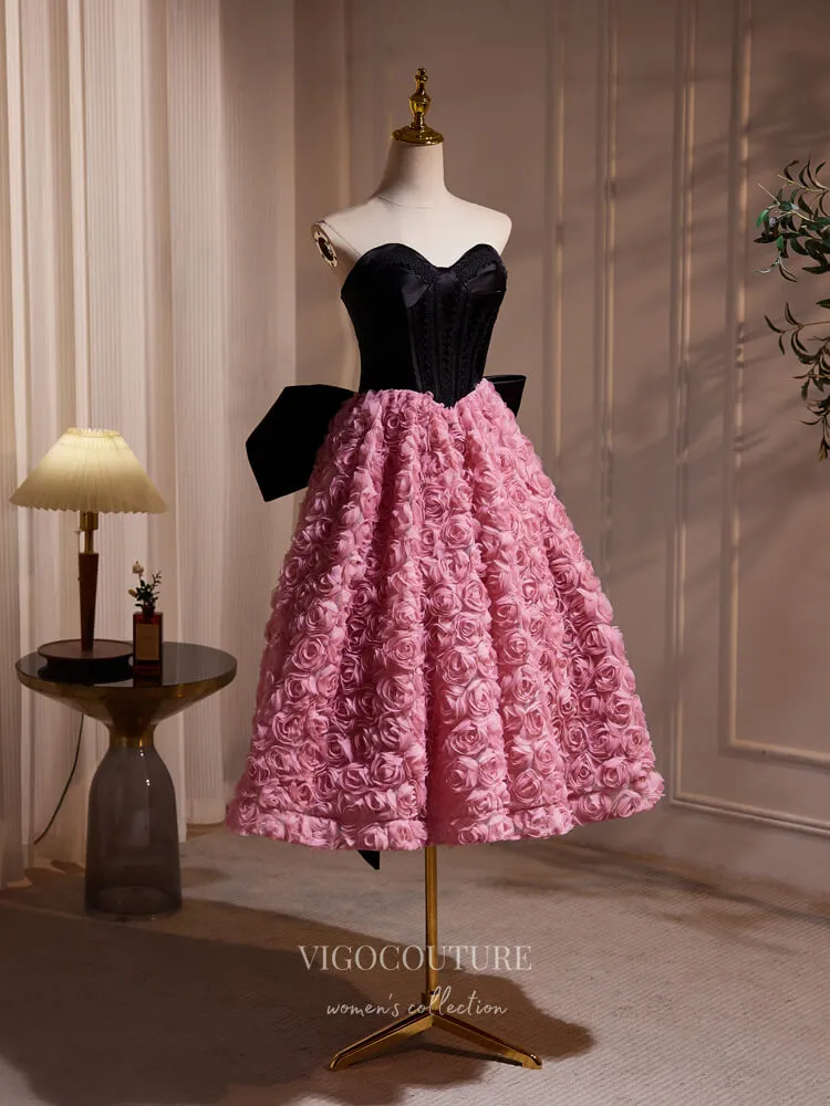 Black and Pink Rosette Tea-Length Homecoming Dress Bow-Tie Strapless Cocktail Dress hc301