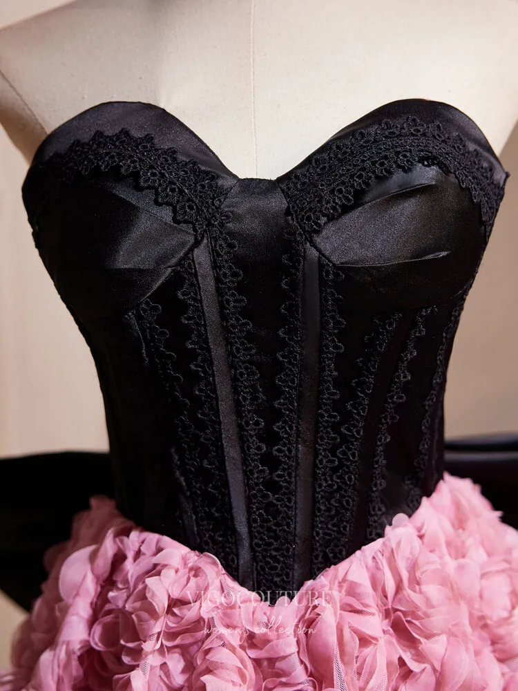 Black and Pink Rosette Tea-Length Homecoming Dress Bow-Tie Strapless Cocktail Dress hc301