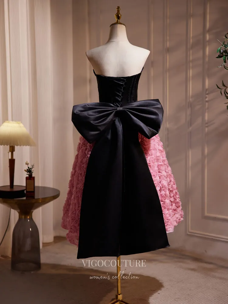 Black and Pink Rosette Tea-Length Homecoming Dress Bow-Tie Strapless Cocktail Dress hc301