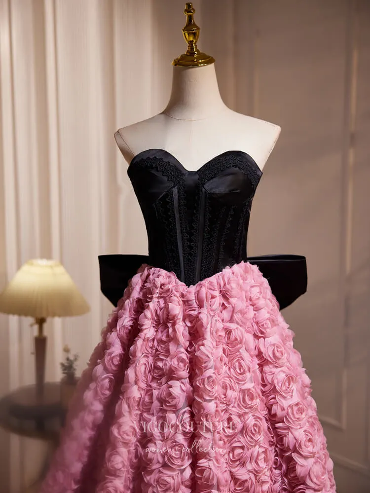 Black and Pink Rosette Tea-Length Homecoming Dress Bow-Tie Strapless Cocktail Dress hc301