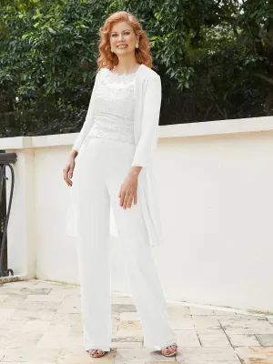 Chic Lace Top Pant Suit with Jacket Ivory