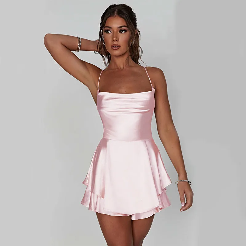 Chic Satin Lace-Up Suspender Backless Dress