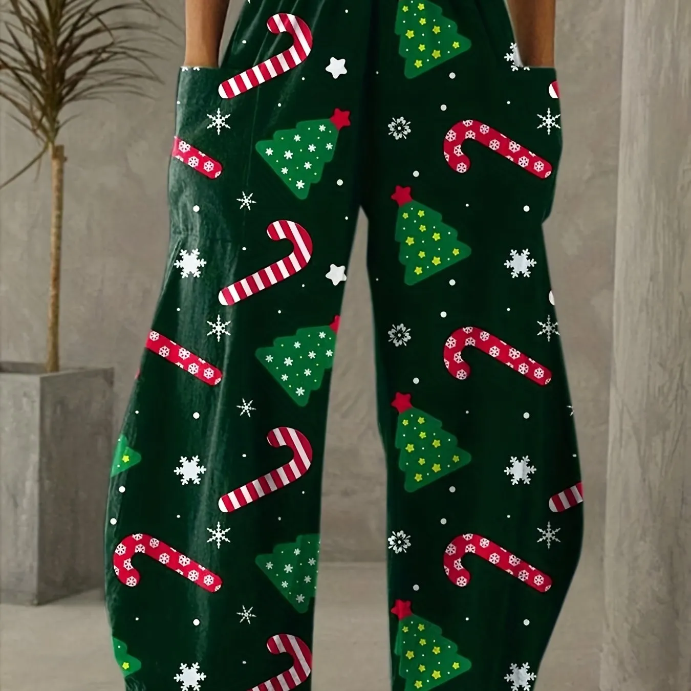 Christmas Allover Print Wide Leg Pants, Casual Slant Pockets Loose Pants, Women's Clothing