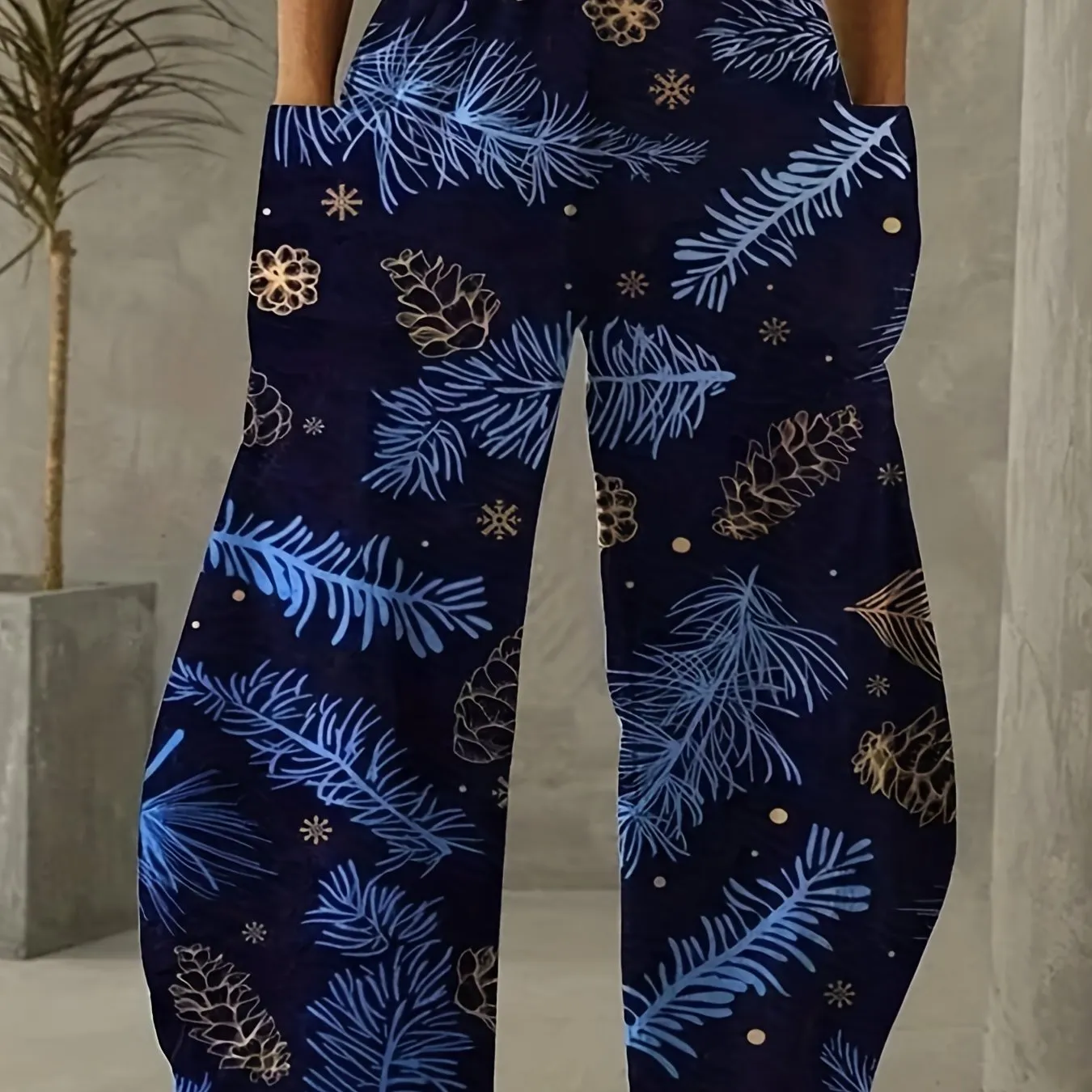 Christmas Allover Print Wide Leg Pants, Casual Slant Pockets Loose Pants, Women's Clothing