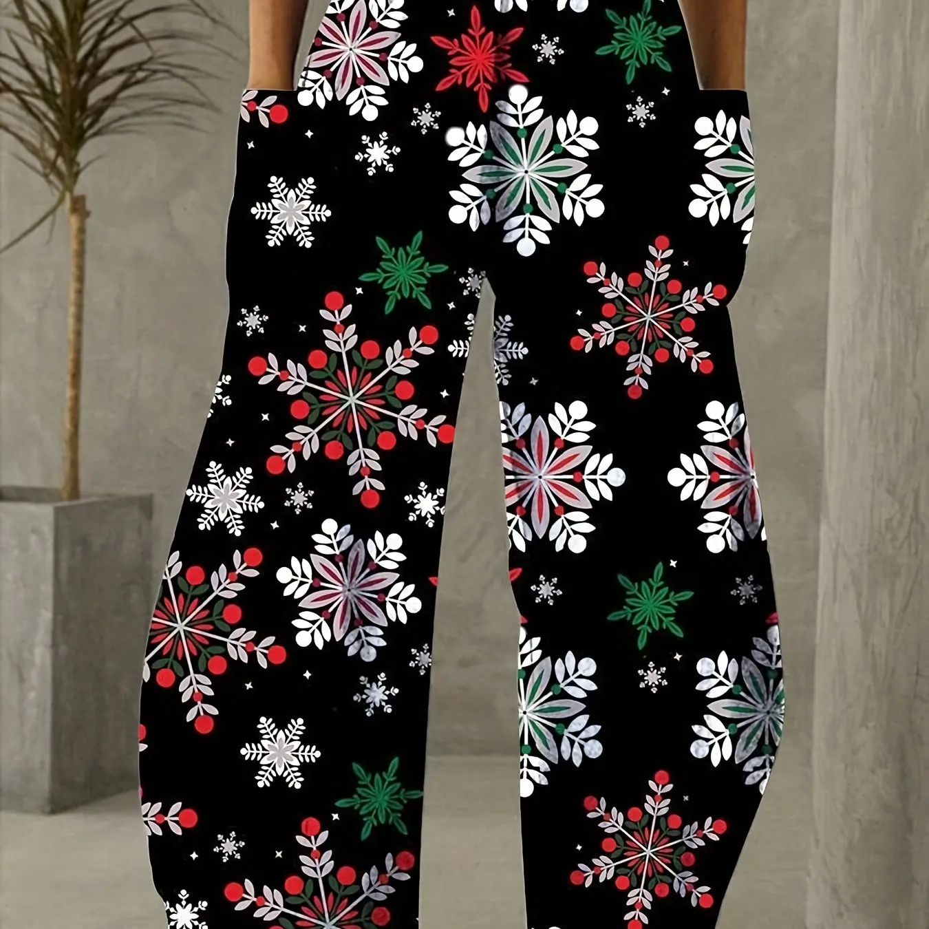 Christmas Allover Print Wide Leg Pants, Casual Slant Pockets Loose Pants, Women's Clothing