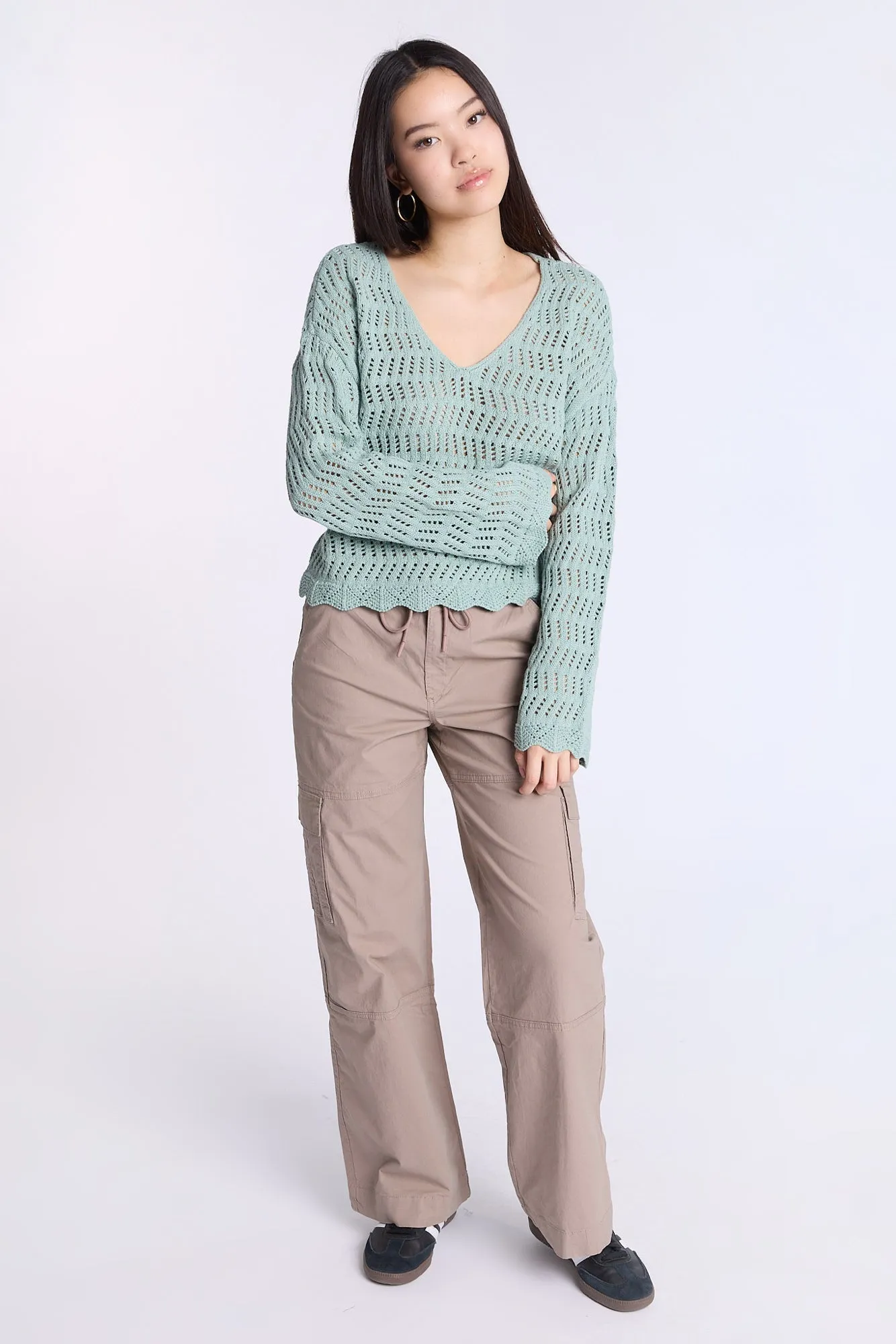 Crochet-Style V-Neck Sweater