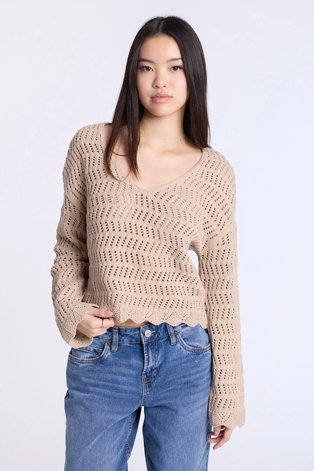 Crochet-Style V-Neck Sweater
