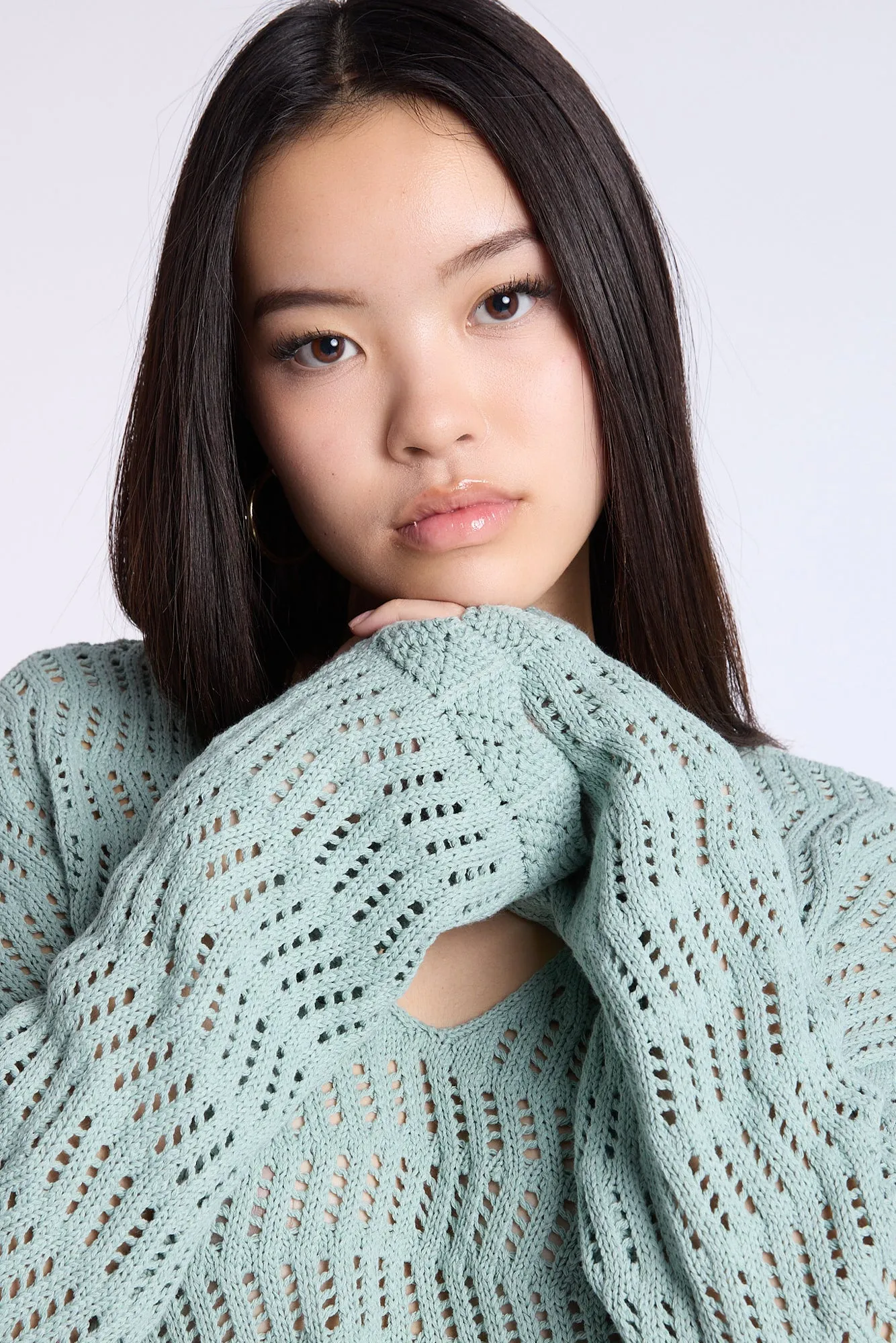Crochet-Style V-Neck Sweater