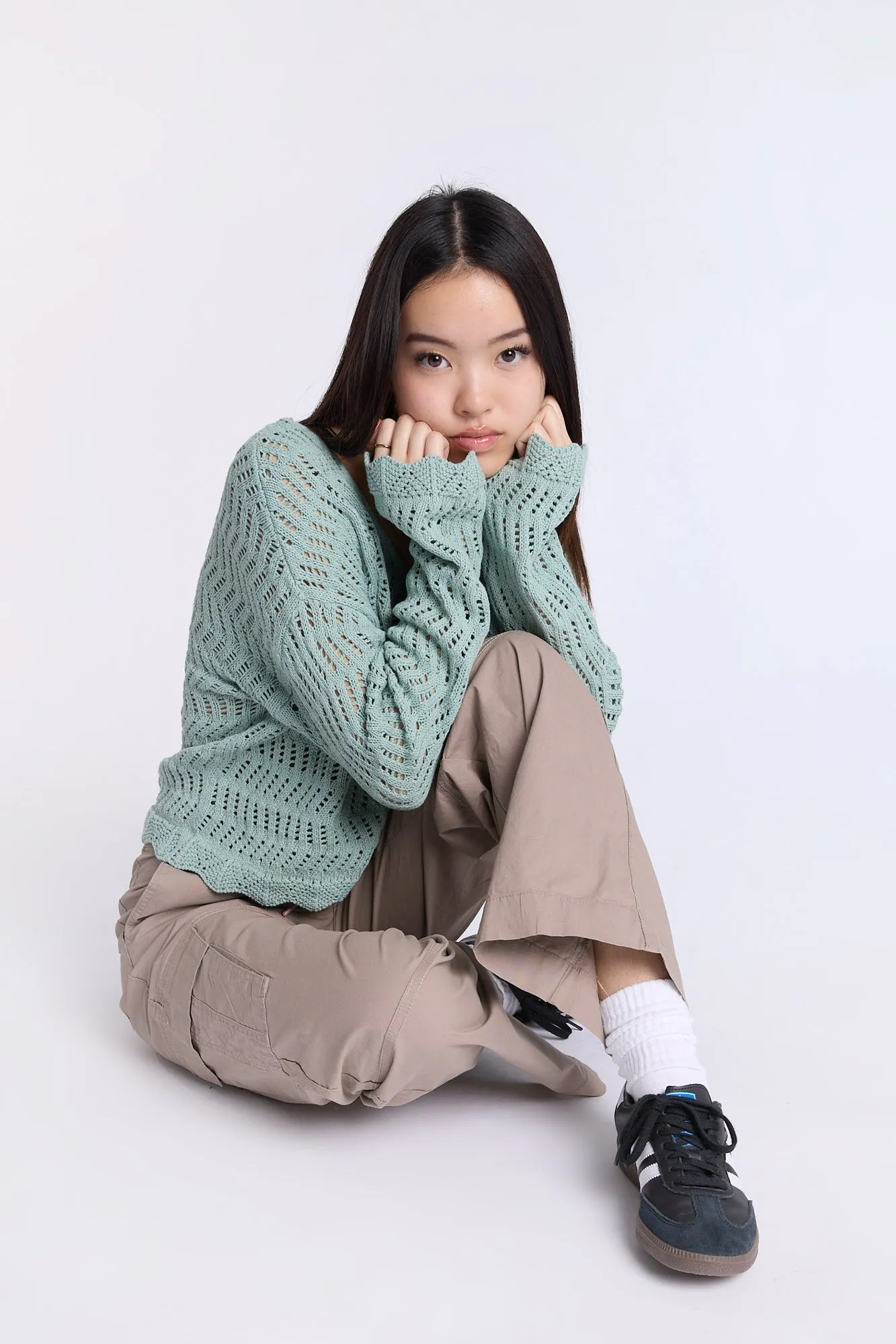 Crochet-Style V-Neck Sweater