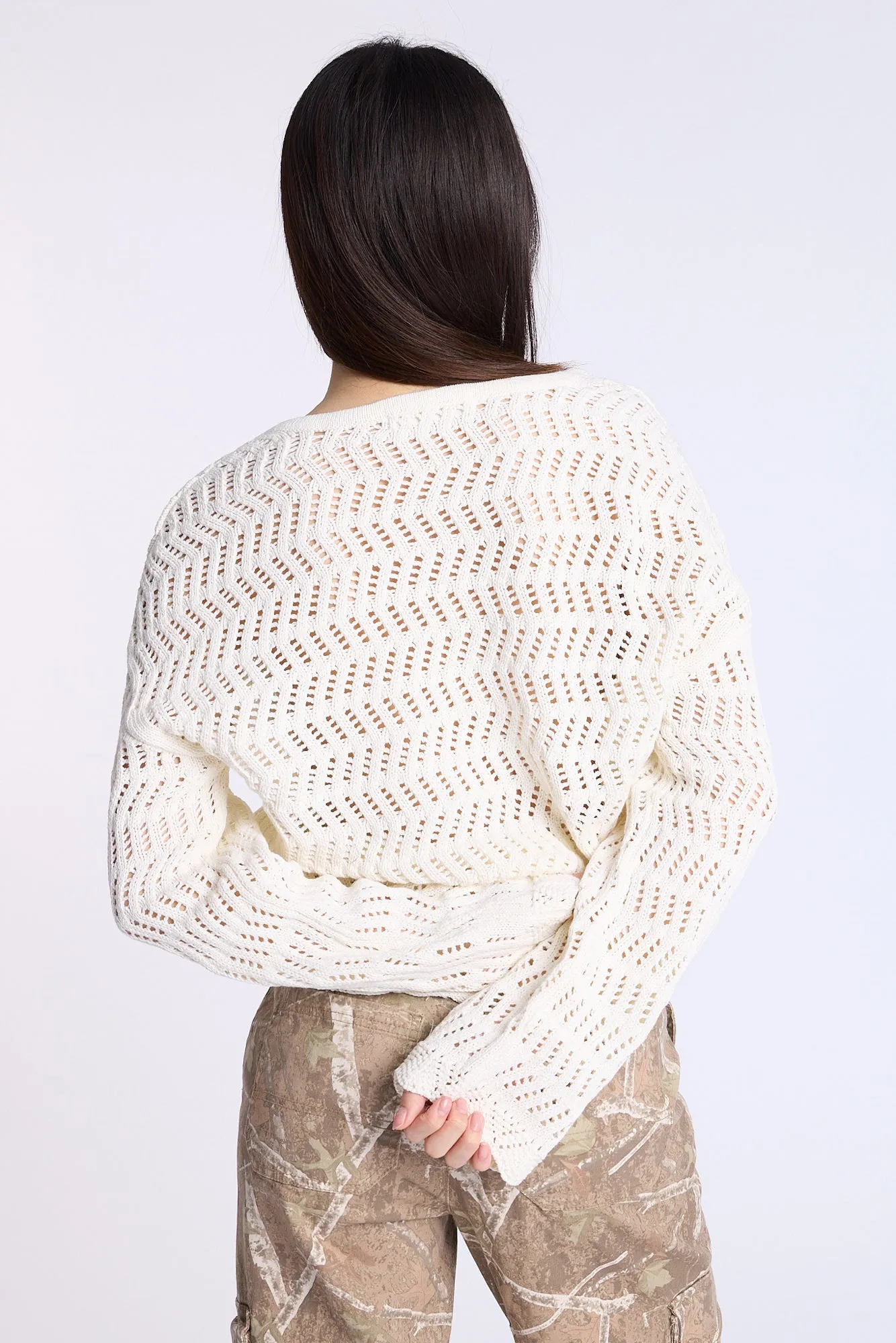 Crochet-Style V-Neck Sweater