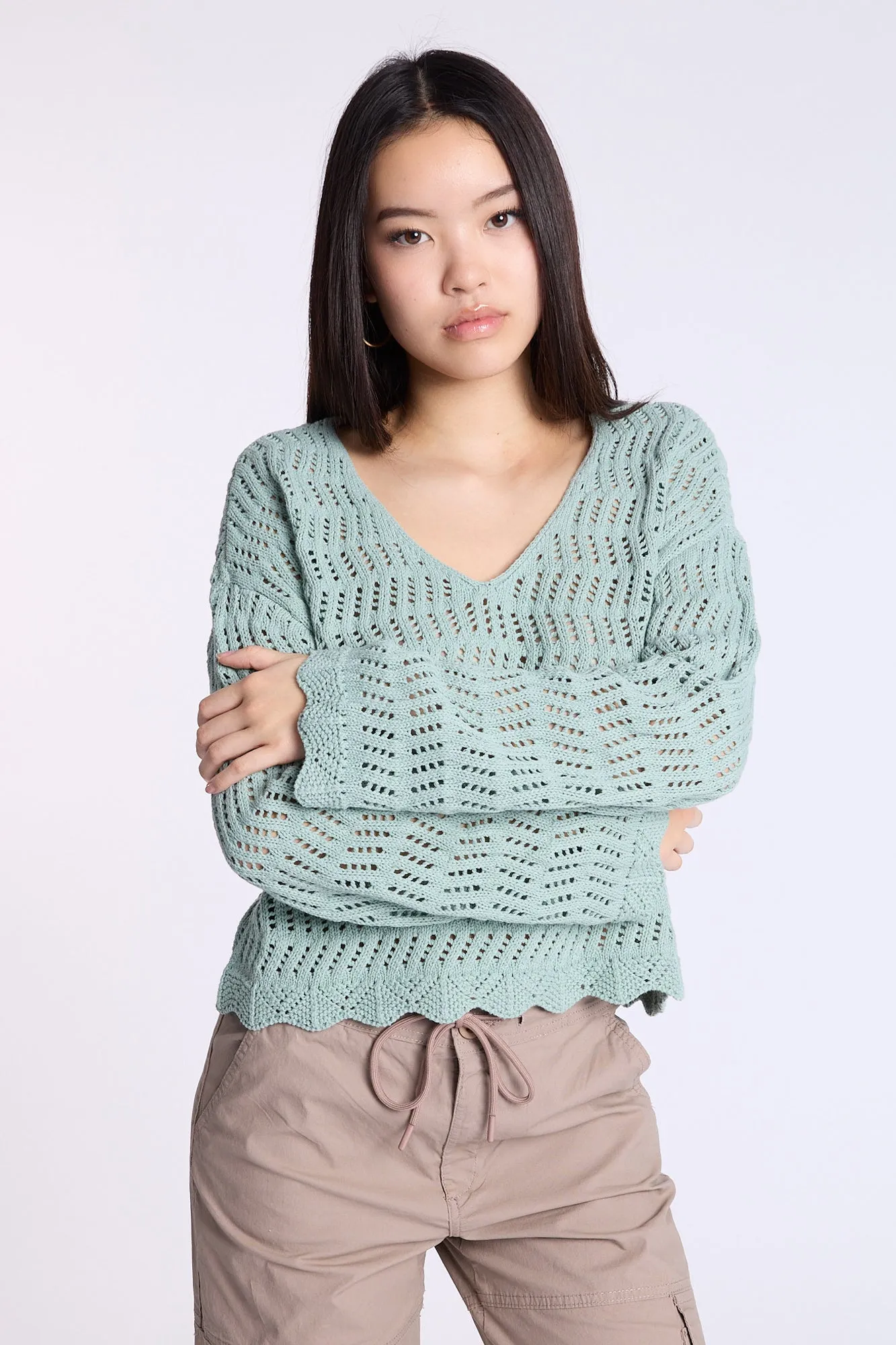 Crochet-Style V-Neck Sweater