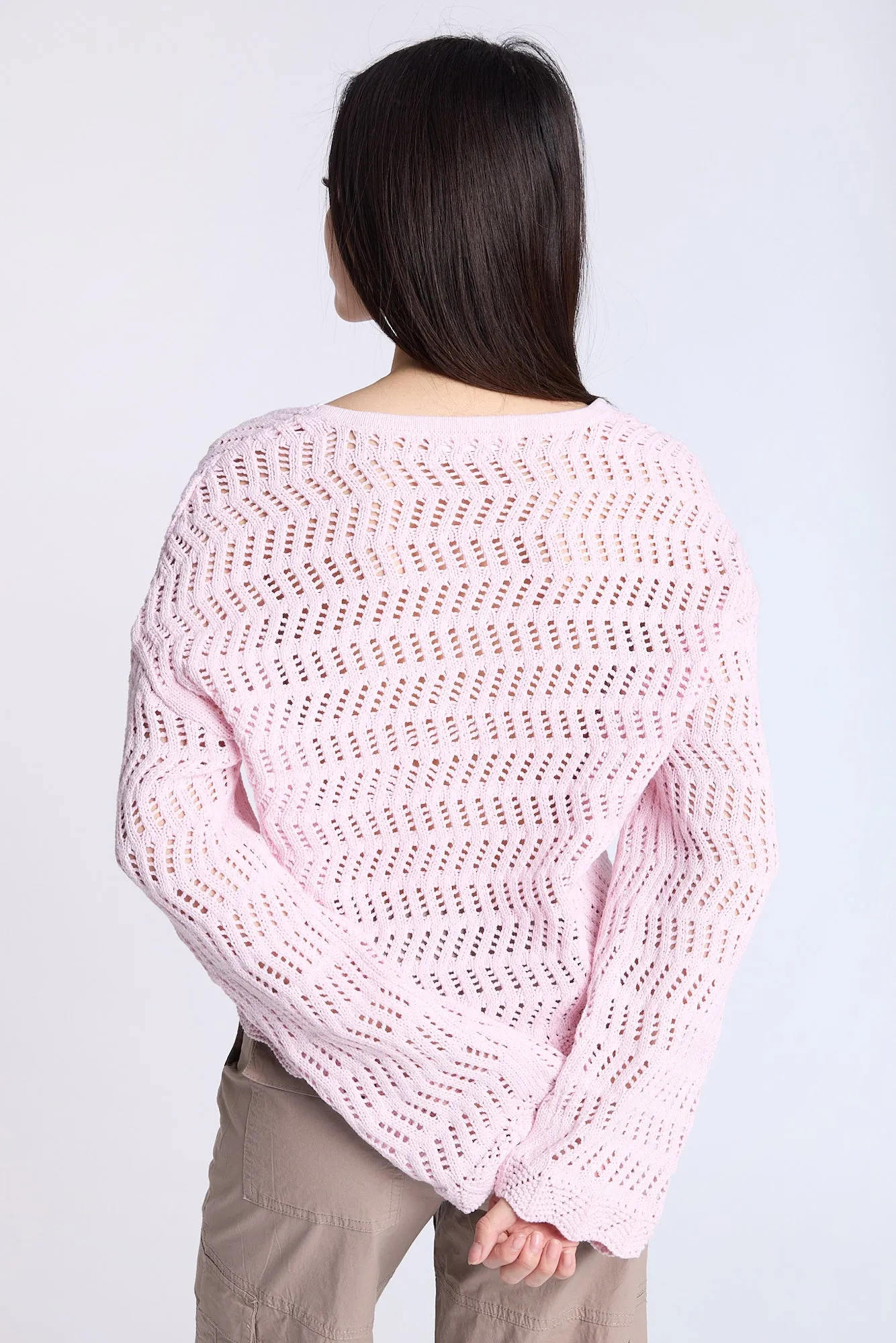 Crochet-Style V-Neck Sweater