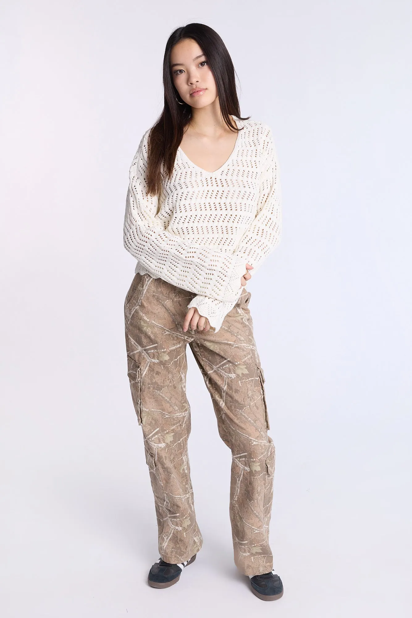 Crochet-Style V-Neck Sweater