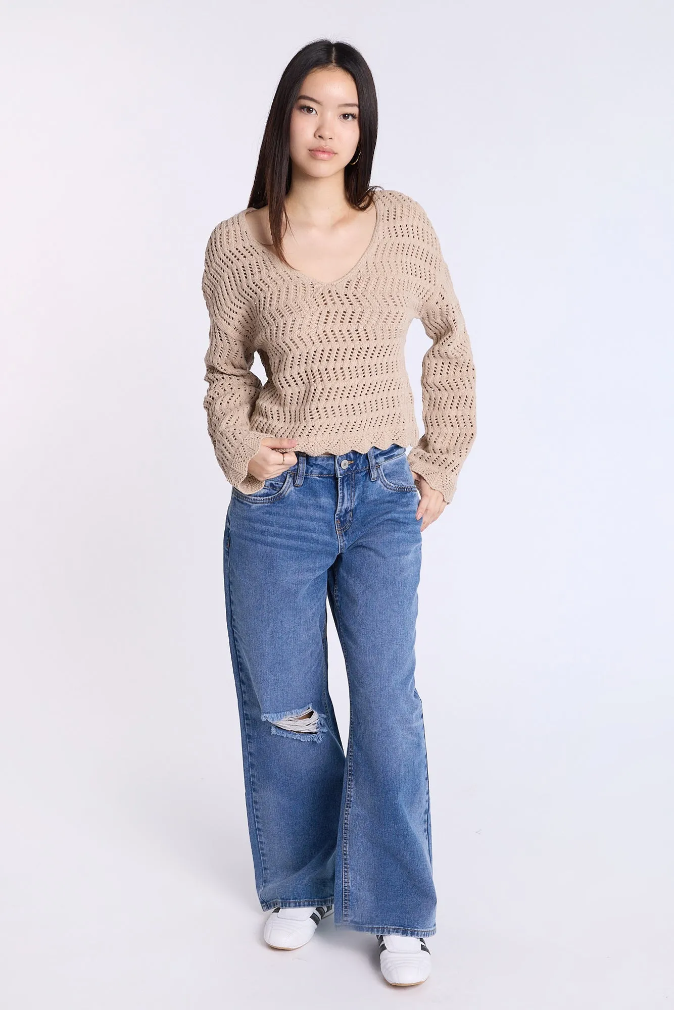 Crochet-Style V-Neck Sweater