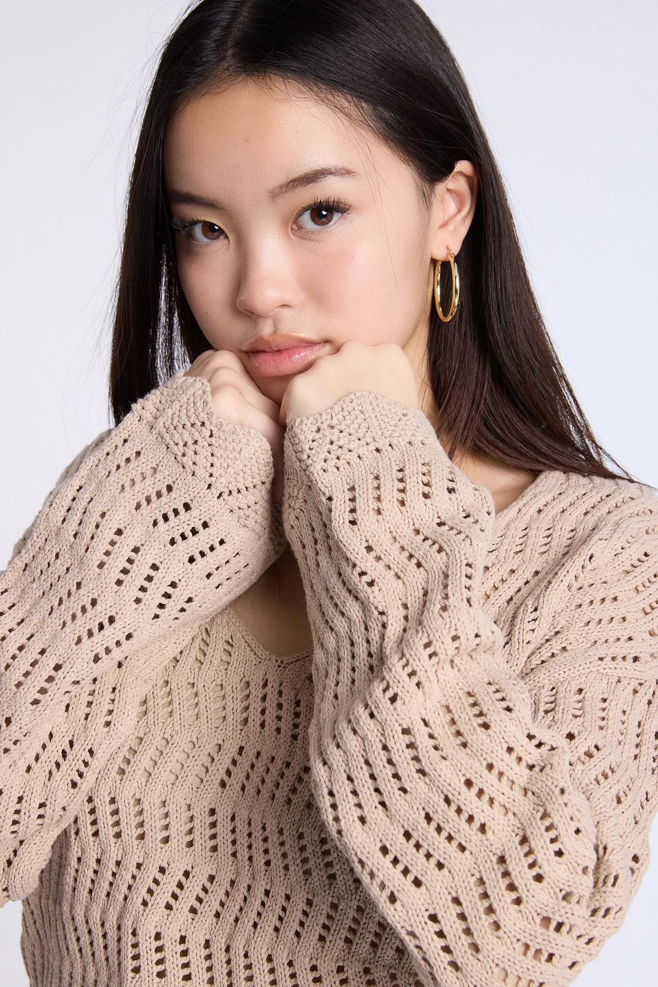 Crochet-Style V-Neck Sweater