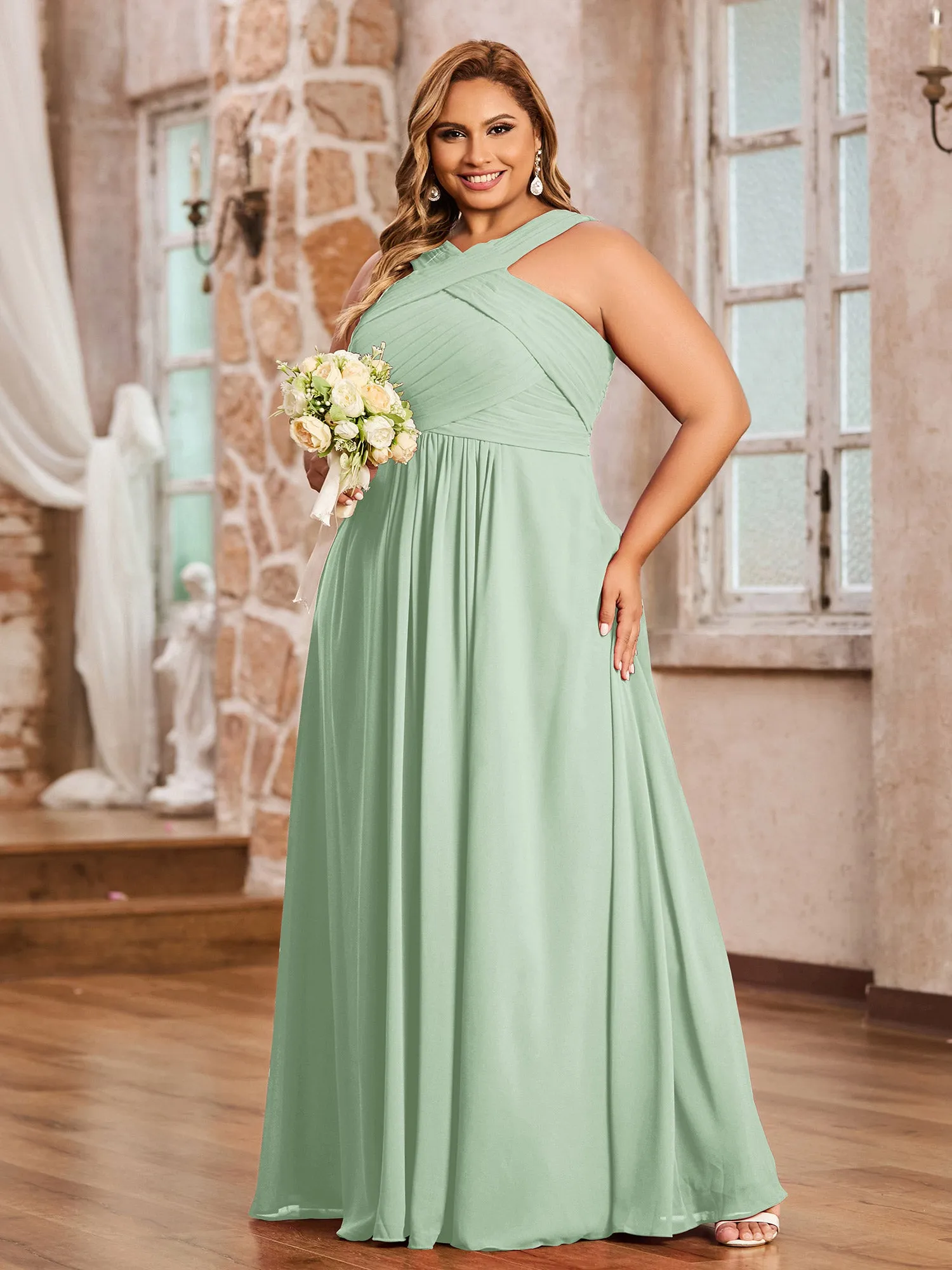 Cross Shoulder Strap Chiffon Dress with Empire Waist Dusty Sage Plus Size