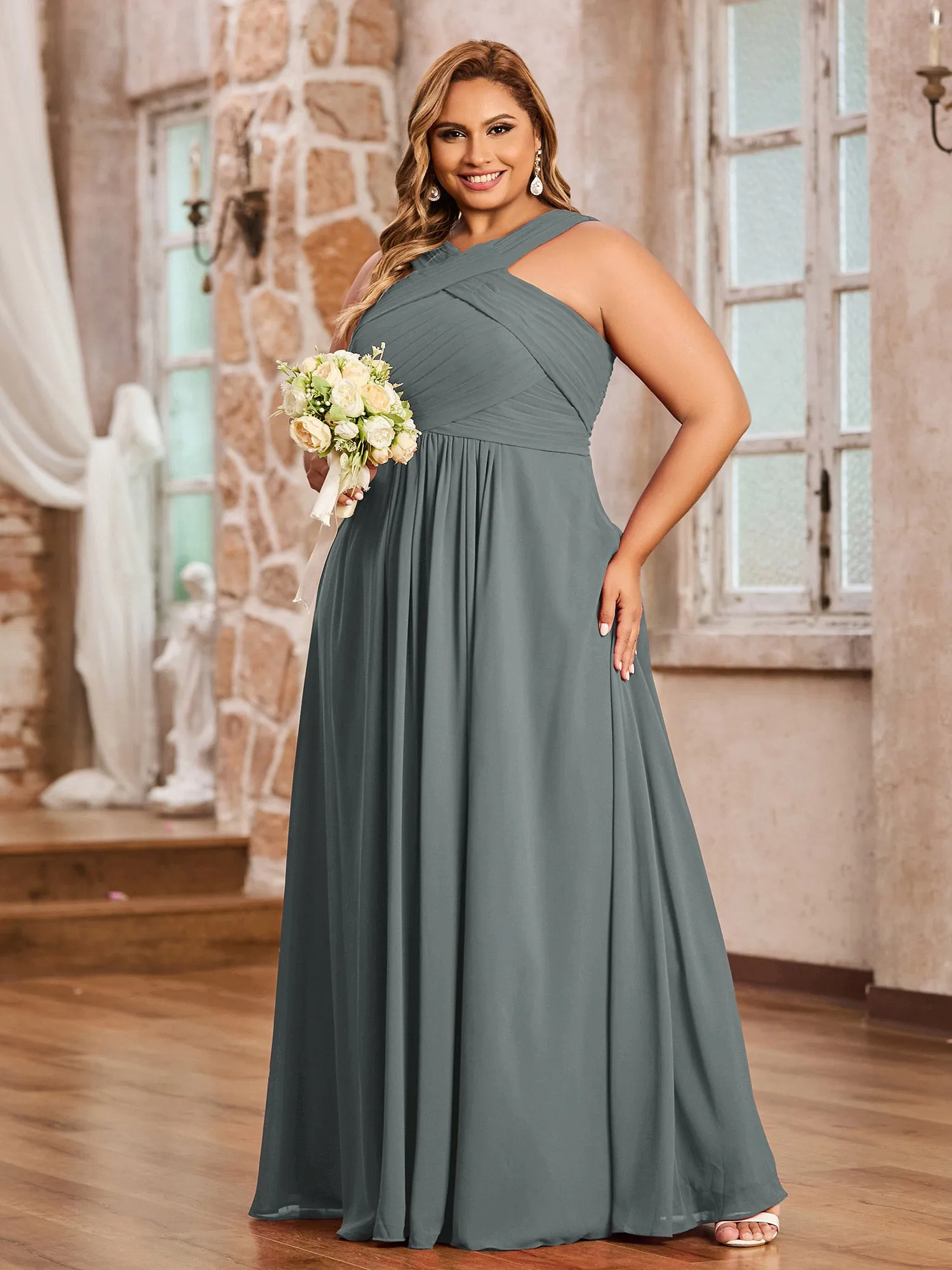 Cross Shoulder Strap Chiffon Dress with Empire Waist Steel Grey Plus Size