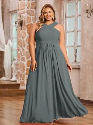 Cross Shoulder Strap Chiffon Dress with Empire Waist Steel Grey Plus Size