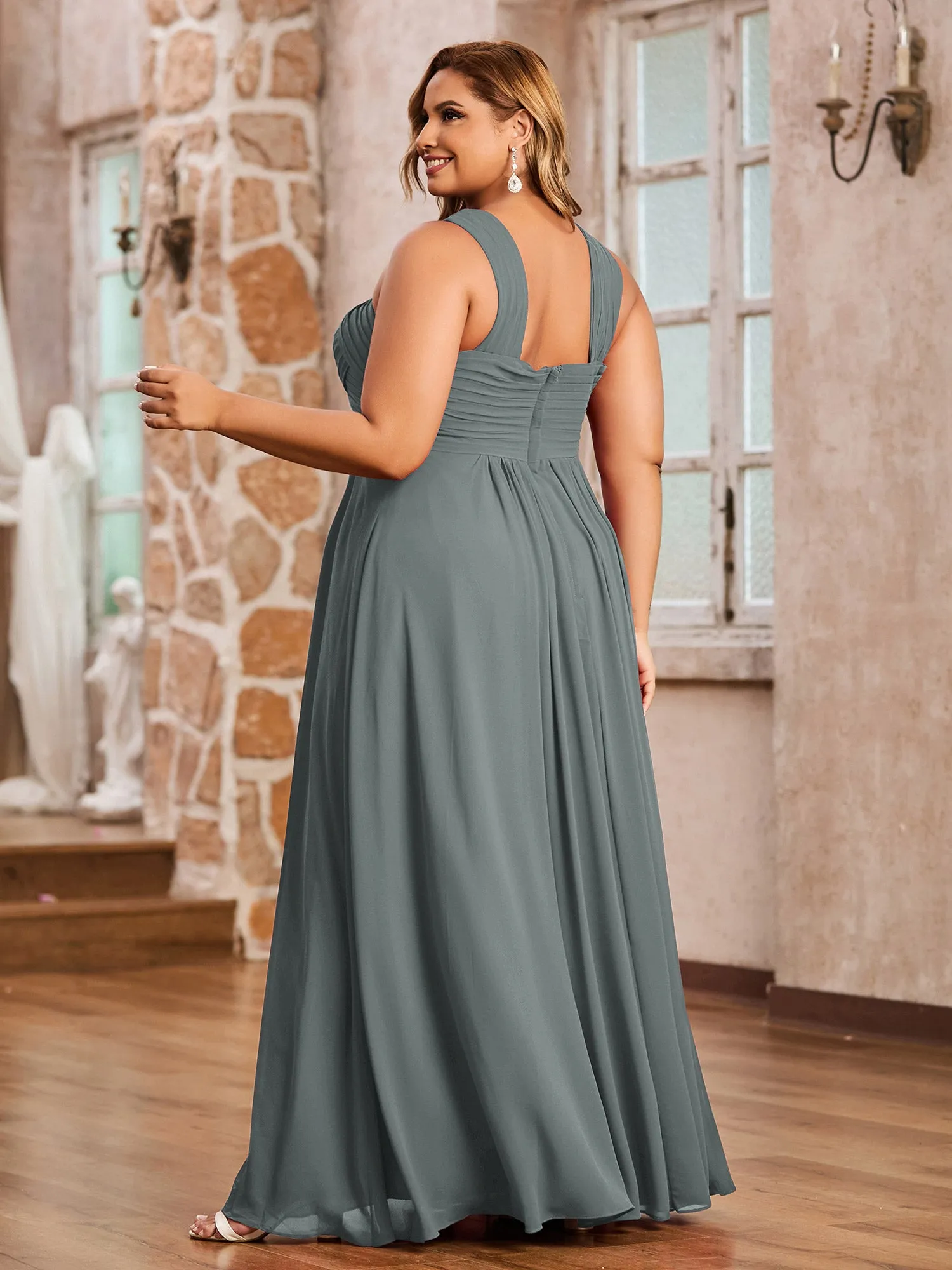 Cross Shoulder Strap Chiffon Dress with Empire Waist Steel Grey Plus Size