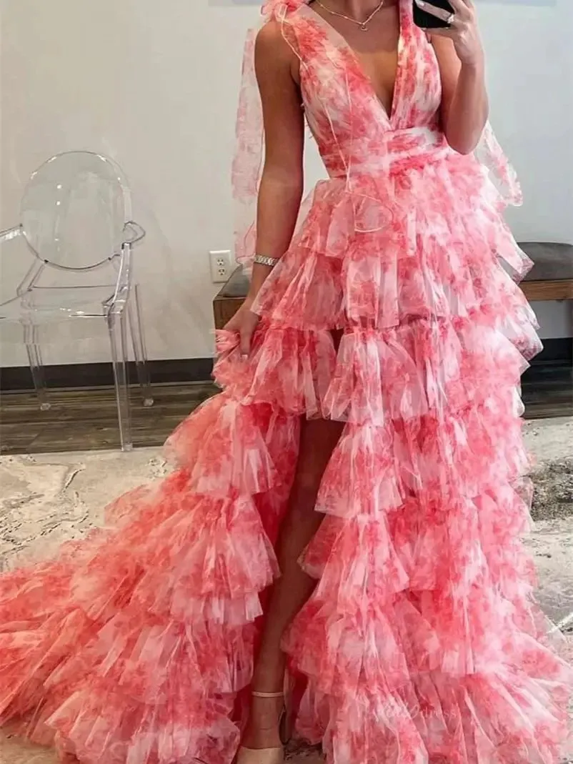 Elegant Tulle Tiered Prom Dresses 2025 Bow-Tie V-Neck Formal Gown with Slit - FD5302