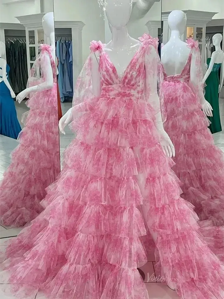 Elegant Tulle Tiered Prom Dresses 2025 Bow-Tie V-Neck Formal Gown with Slit - FD5302