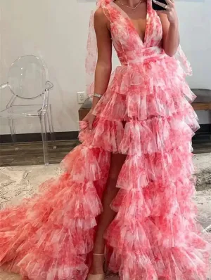 Elegant Tulle Tiered Prom Dresses 2025 Bow-Tie V-Neck Formal Gown with Slit - FD5302