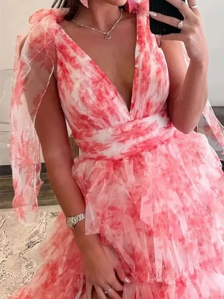 Elegant Tulle Tiered Prom Dresses 2025 Bow-Tie V-Neck Formal Gown with Slit - FD5302