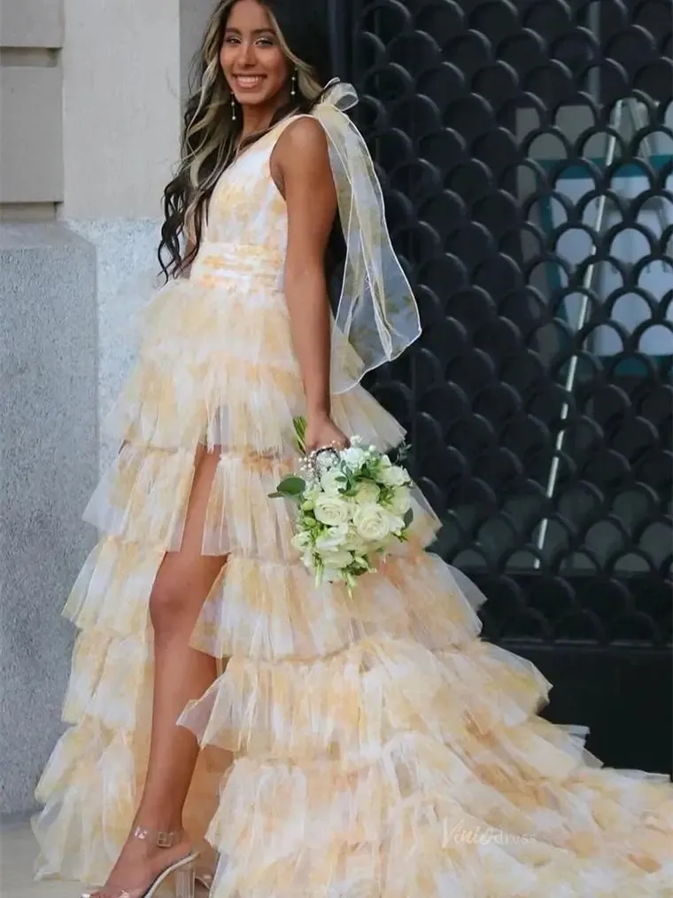 Elegant Tulle Tiered Prom Dresses 2025 Bow-Tie V-Neck Formal Gown with Slit - FD5302