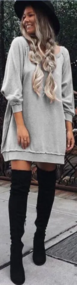 Fashion Loose Style Pure Color Long Sleeve Short Dress