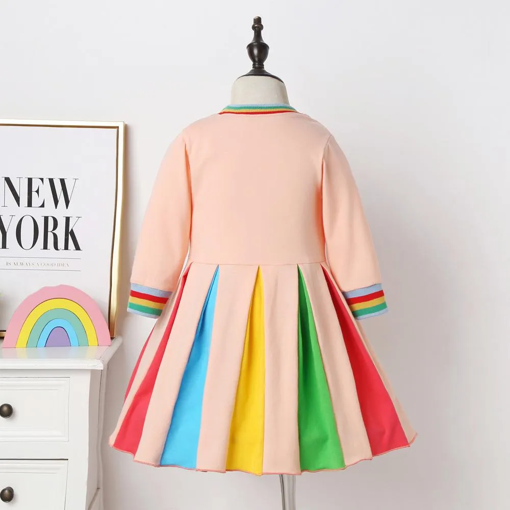 Girls Long Sleeve Rainbow Color Block Princess Dress Wholesale Little Girl Dresses