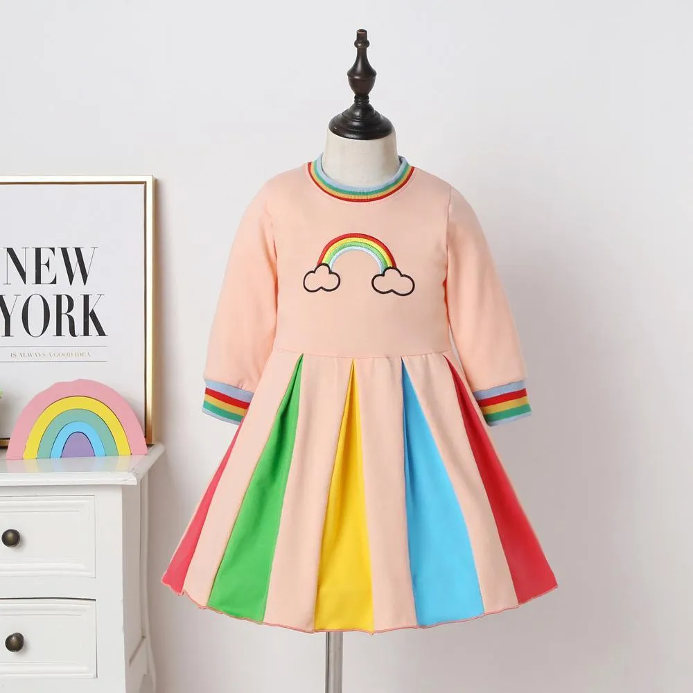 Girls Long Sleeve Rainbow Color Block Princess Dress Wholesale Little Girl Dresses