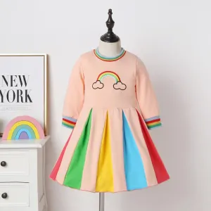 Girls Long Sleeve Rainbow Color Block Princess Dress Wholesale Little Girl Dresses