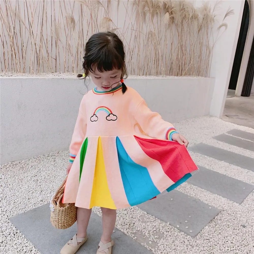 Girls Long Sleeve Rainbow Color Block Princess Dress Wholesale Little Girl Dresses