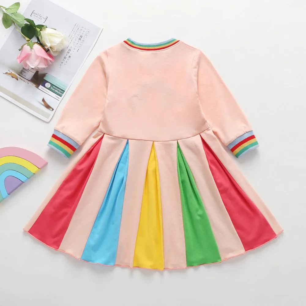 Girls Long Sleeve Rainbow Color Block Princess Dress Wholesale Little Girl Dresses