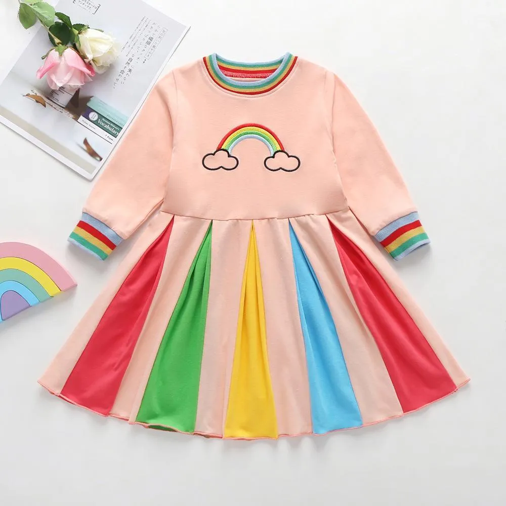 Girls Long Sleeve Rainbow Color Block Princess Dress Wholesale Little Girl Dresses