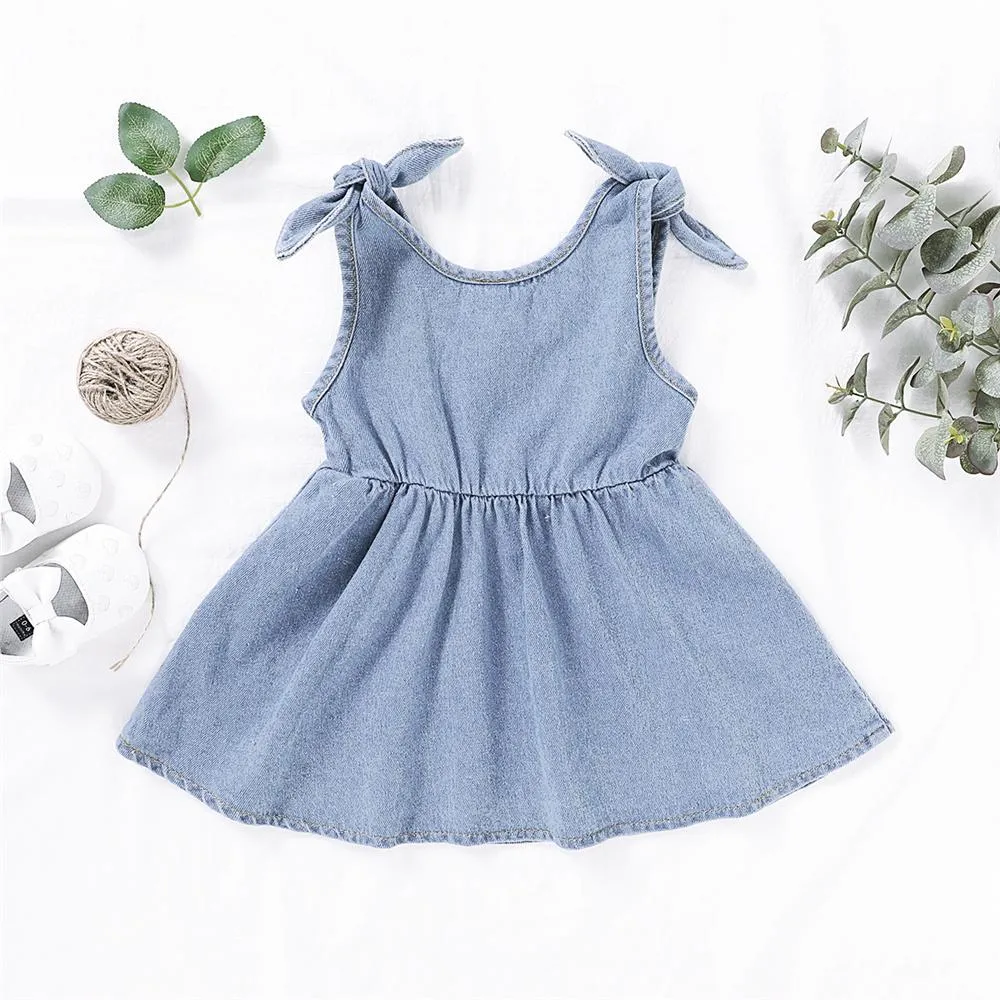 Girls Solid Color Sleeveless Button Denim Dresses Wholesale Girl clothes