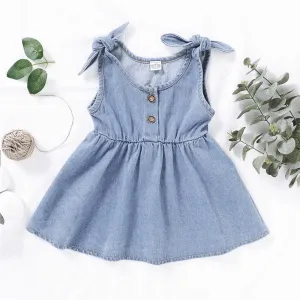 Girls Solid Color Sleeveless Button Denim Dresses Wholesale Girl clothes