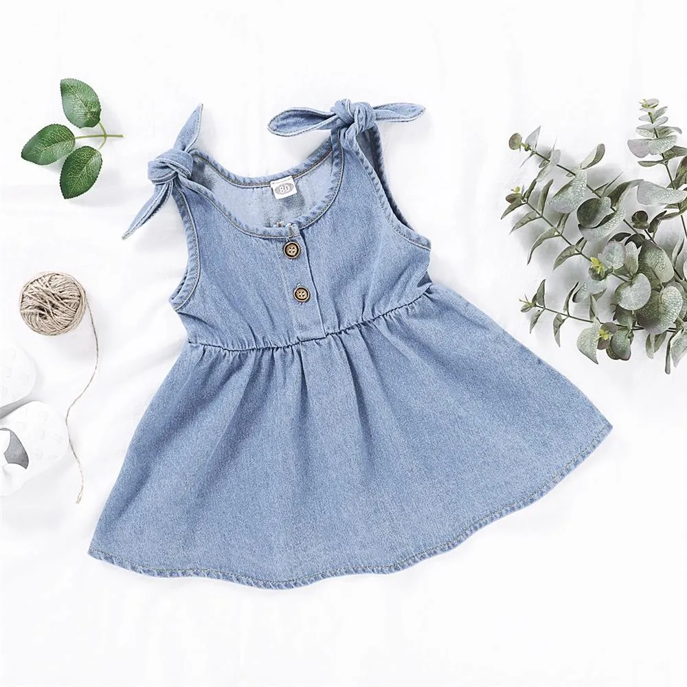 Girls Solid Color Sleeveless Button Denim Dresses Wholesale Girl clothes