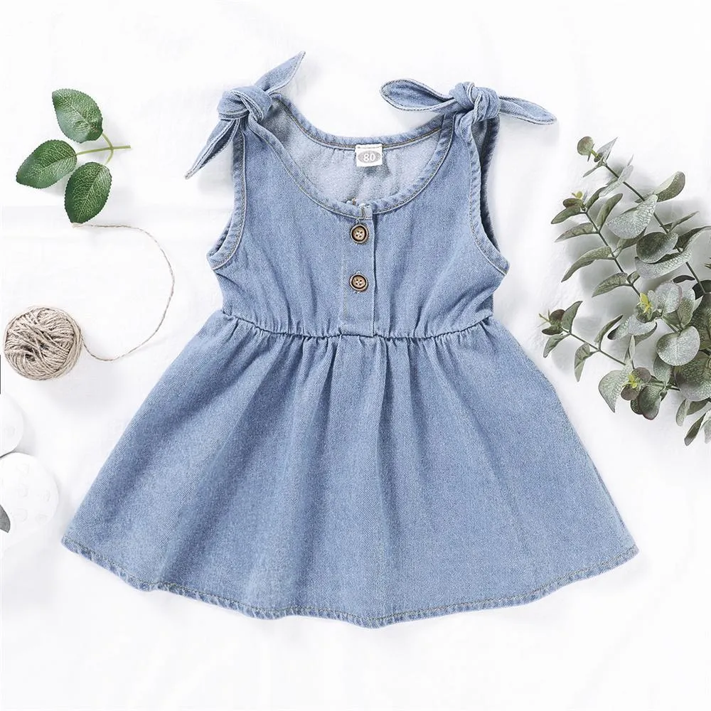 Girls Solid Color Sleeveless Button Denim Dresses Wholesale Girl clothes