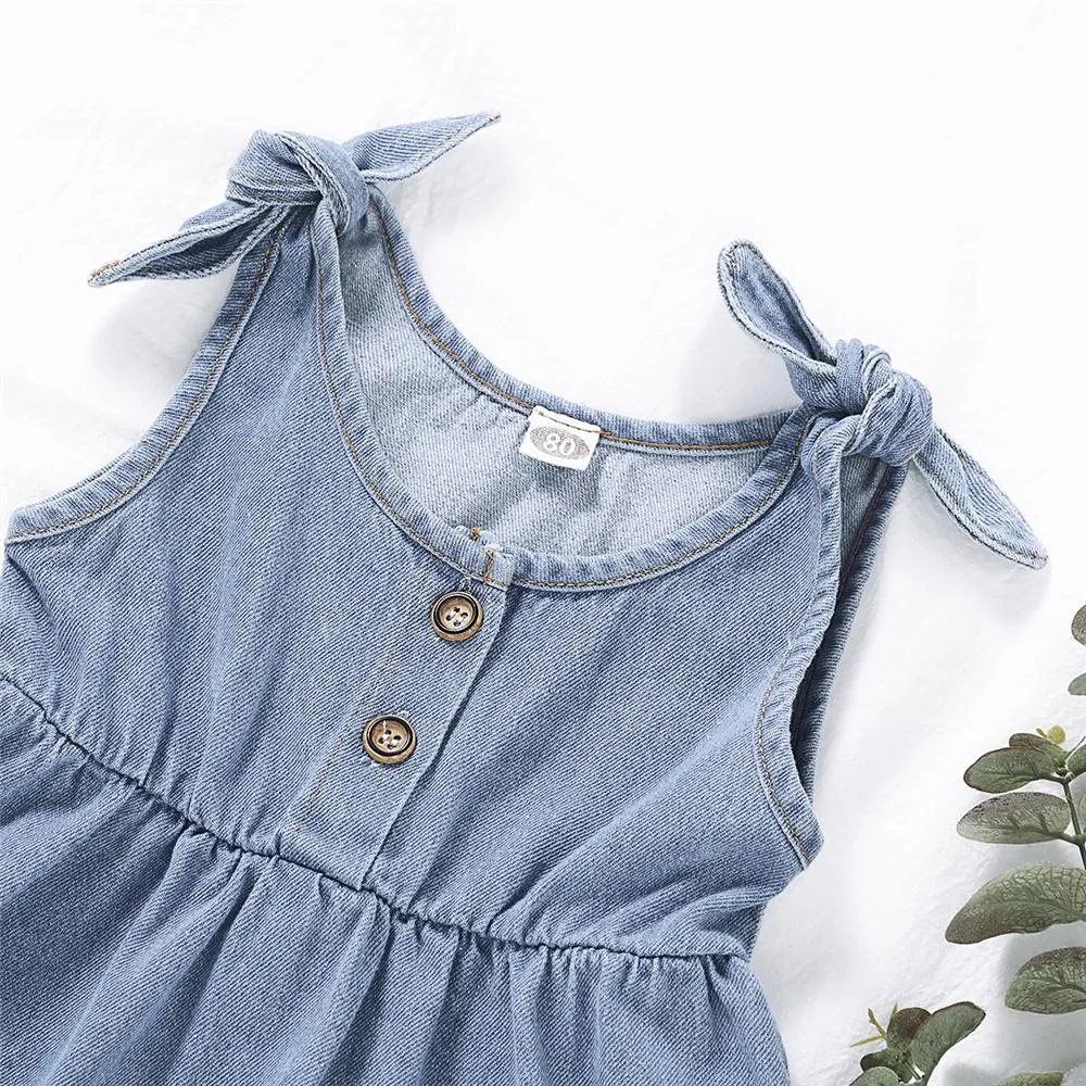 Girls Solid Color Sleeveless Button Denim Dresses Wholesale Girl clothes