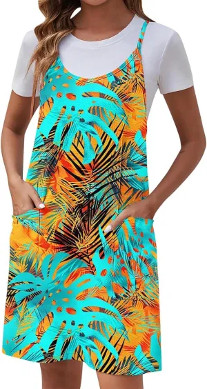 hlysgo Summer Dresses for Women Casual Loose Fit Spaghetti Straps Sleeveless Mini Dress Floral Print Beach Coverup Sundress