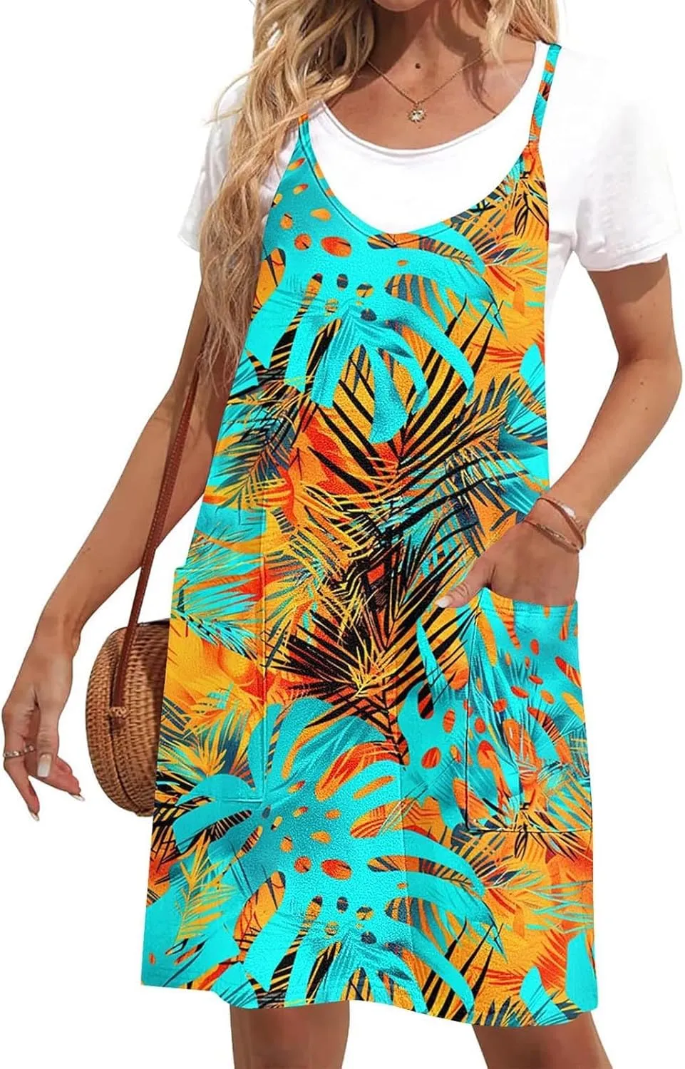 hlysgo Summer Dresses for Women Casual Loose Fit Spaghetti Straps Sleeveless Mini Dress Floral Print Beach Coverup Sundress