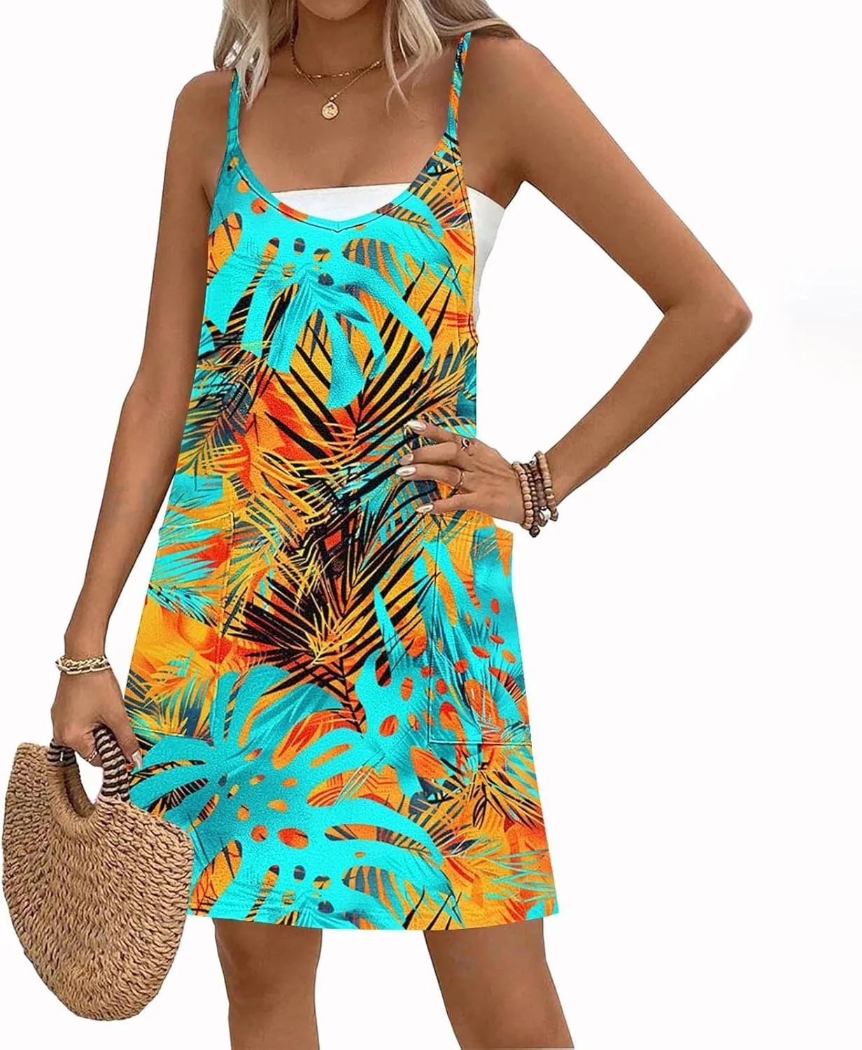 hlysgo Summer Dresses for Women Casual Loose Fit Spaghetti Straps Sleeveless Mini Dress Floral Print Beach Coverup Sundress
