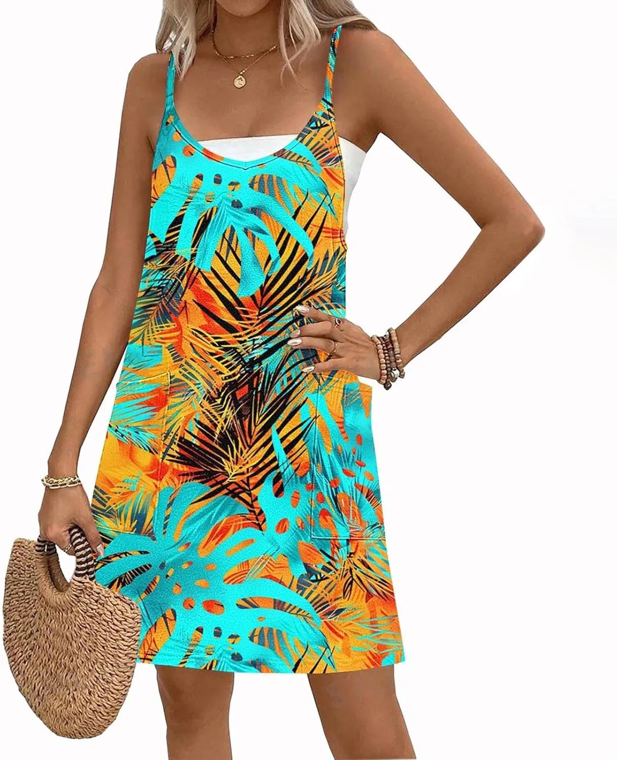 hlysgo Summer Dresses for Women Casual Loose Fit Spaghetti Straps Sleeveless Mini Dress Floral Print Beach Coverup Sundress
