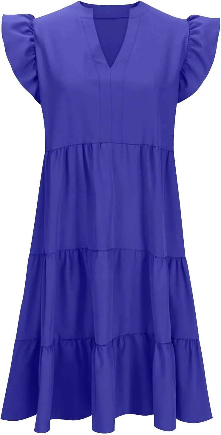 hlysgo Womens Summer Dress Boho Ruffle Sleeve V Neck Peplum Midi Dresses Fashion Casual Loose Flowy Beach Vacation Sundress