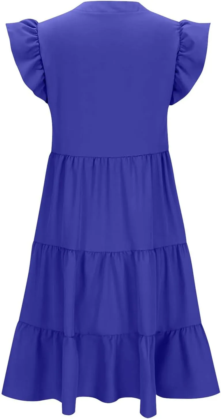 hlysgo Womens Summer Dress Boho Ruffle Sleeve V Neck Peplum Midi Dresses Fashion Casual Loose Flowy Beach Vacation Sundress