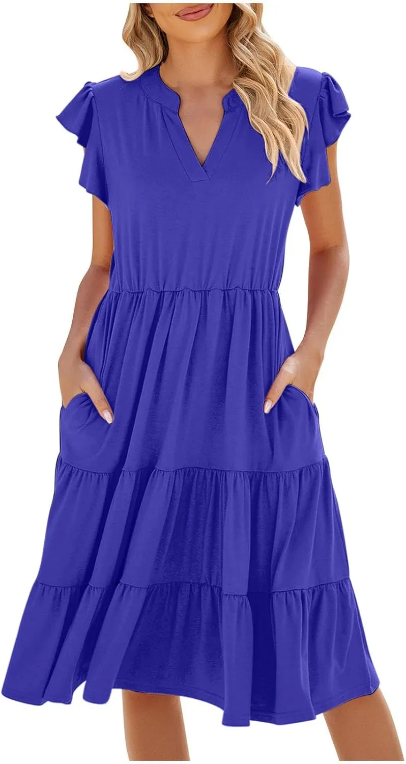 hlysgo Womens Summer Dress Boho Ruffle Sleeve V Neck Peplum Midi Dresses Fashion Casual Loose Flowy Beach Vacation Sundress