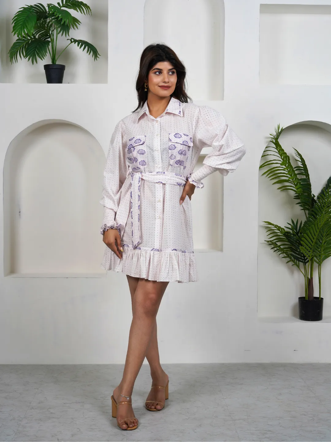 Icy White Cotton Flamingo Mini Dress